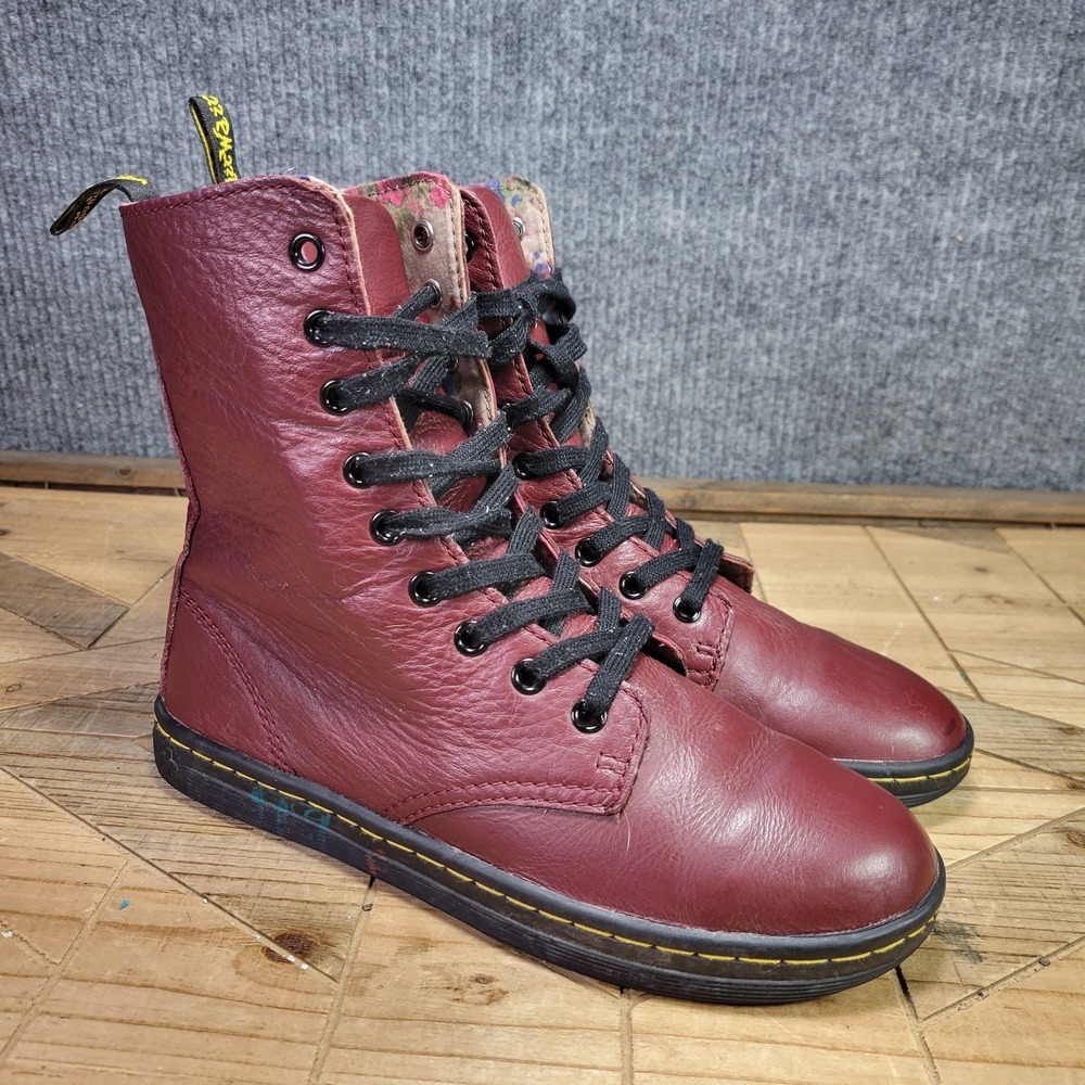 Dr Doc Martens Stratford Boots Womens 7‎ Eye Red Burgundy Leather Shoes High Top